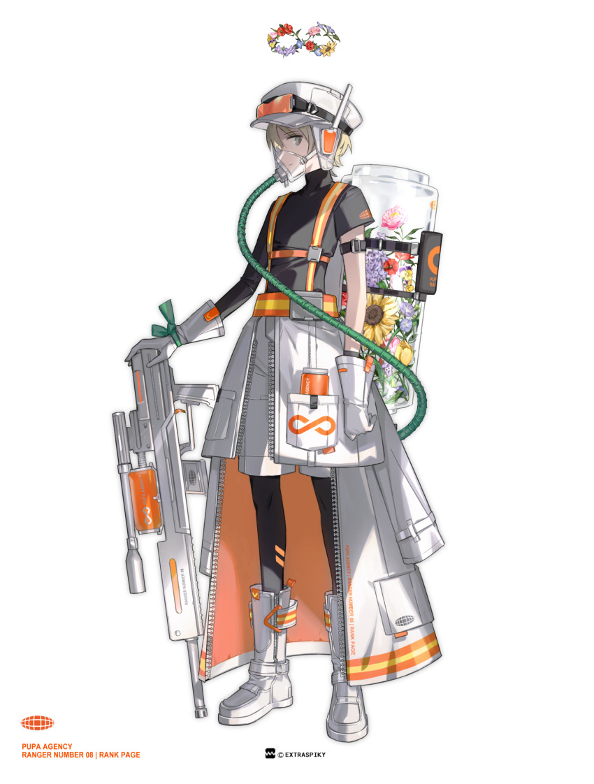 1boy, arm_strap, artist_logo, artist_name, asymmetrical_sleeves, black_shirt, blonde_hair, blue_flower