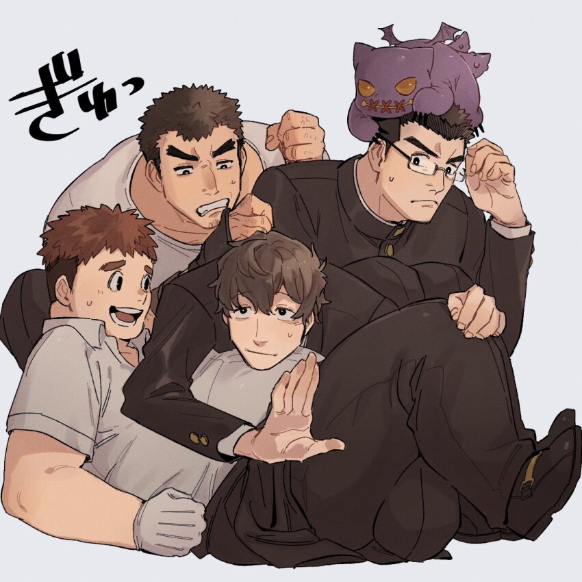 4boys, adjusting_eyewear, angry, bara, belly, black_footwear, black_jacket, brown_hair
