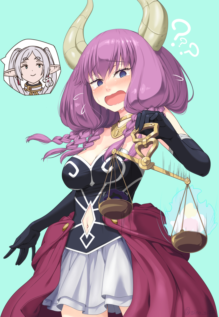 2girls, ?, @_@, \||/, aura_(sousou_no_frieren), aura_bullying_(meme), balance_scale, black_corset