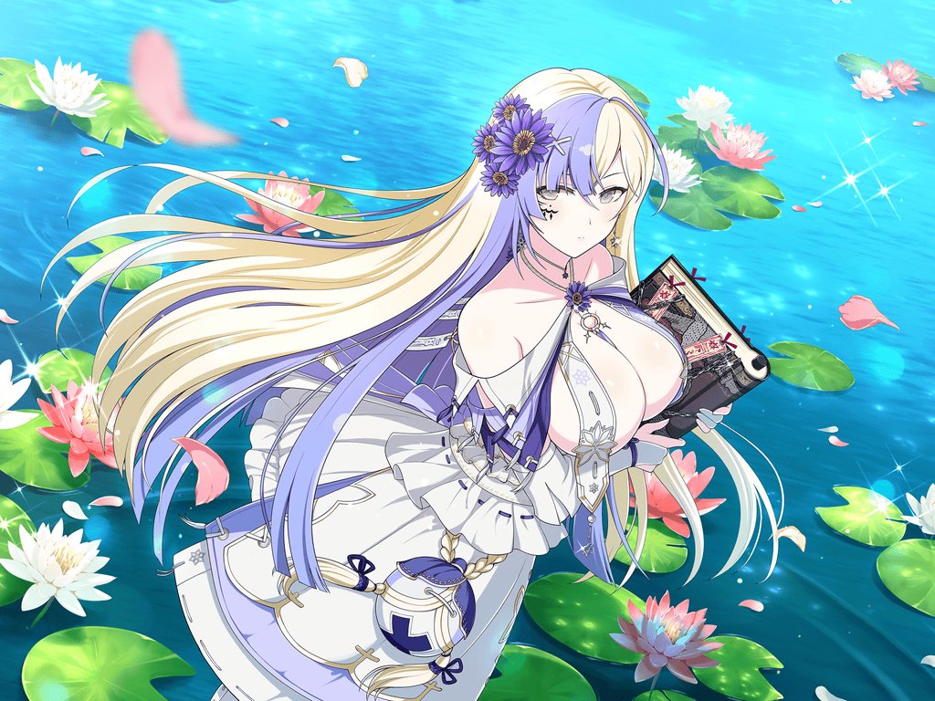 1girl, armpit_crease, ball, bare_shoulders, between_breasts, blonde_hair, blue_dress, blue_flower, blue_hair, blunt_bangs, blunt_ends, blunt_tresses, blush, book, breast_curtains, breasts, cleavage, collarbone, dress, facial_tattoo, falling_petals, floral_print, flower, frilled_dress, frills, grey_eyes, grimoire, hair_flower, hair_ornament, holding, holding_book, jewelry, large_breasts, lens_flare, light_particles, lily_pad, long_hair, looking_at_viewer, lotus, multicolored_hair, official_art, ofuda, pendant, petals, petals_on_liquid, pink_flower, pond, ribbon-trimmed_dress, ribbon_trim, ripples, senran_kagura, senran_kagura_new_link, sideboob, solo, sparkle, suiren_(senran_kagura), talisman, tattoo, two-tone_dress, two-tone_hair, water, water_lily_flower, white_dress, white_flower, white_lotus, yaegashi_nan