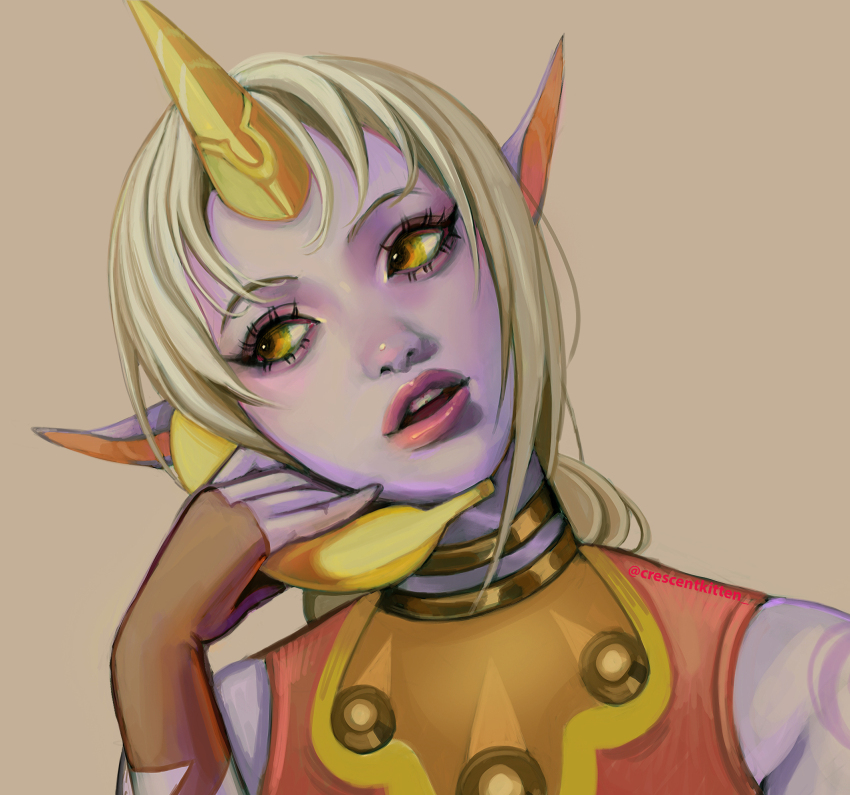 1girl, :d, banana, banana_phone, bare_shoulders, brown_background, brown_gloves, brown_hair