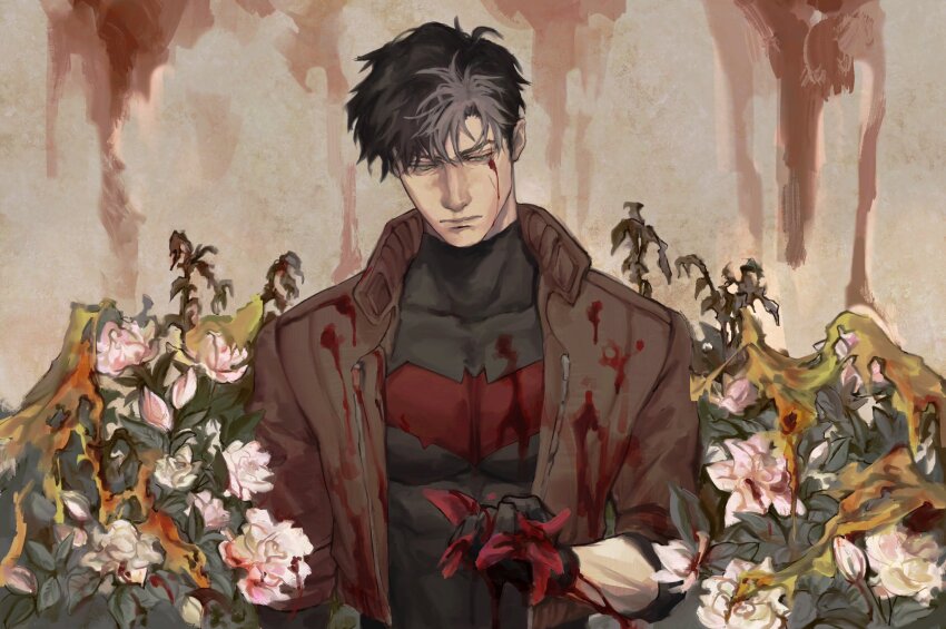 1boy, batman_(series), black_bodysuit, black_gloves, black_hair, black_shirt, blue_eyes, bodysuit