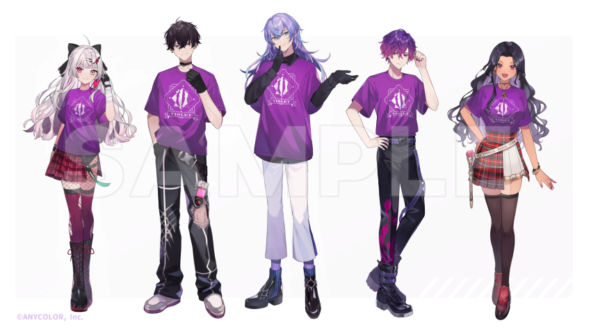 ahoge, black_bow, black_choker, black_footwear, black_gloves, black_hair, black_pants, blue_hair