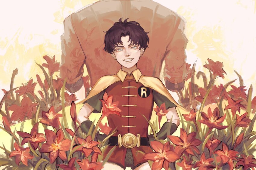 1boy, 2boys, batman_(series), belt, black_bodysuit, black_gloves, black_hair, blue_eyes