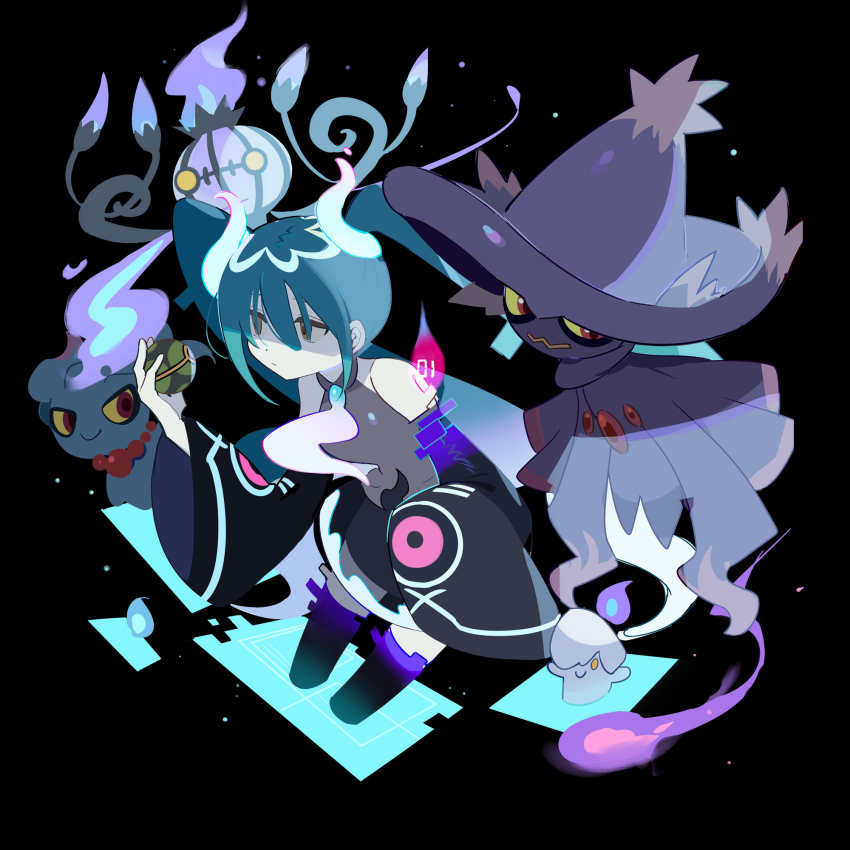 1girl, black_background, blue_hair, chandelure, detached_sleeves, dusk_ball, gen_2_pokemon, gen_4_pokemon