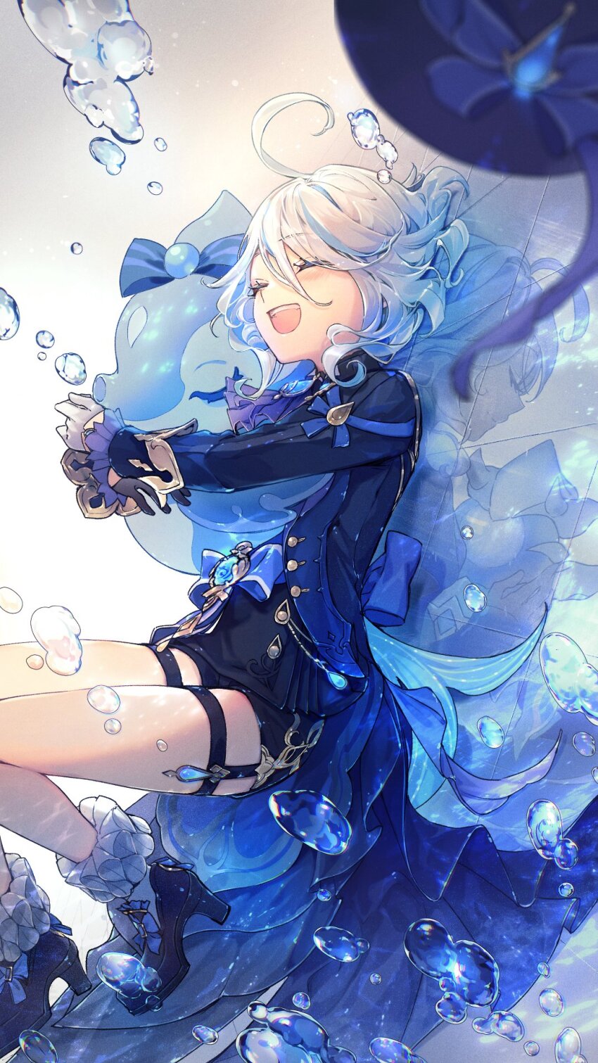 2girls, ahoge, air_bubble, black_footwear, black_gloves, black_shorts, blue_hair, blue_jacket