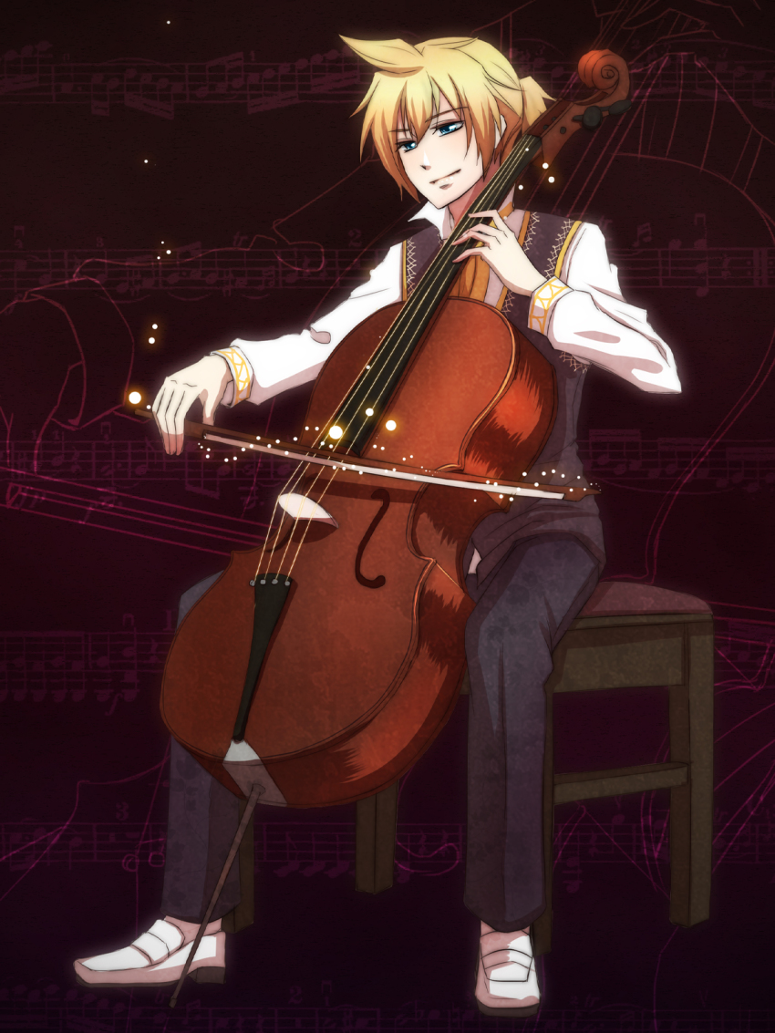 1boy, aqua_eyes, blonde_hair, bow_(music), catwhathk, cello, highres, instrument