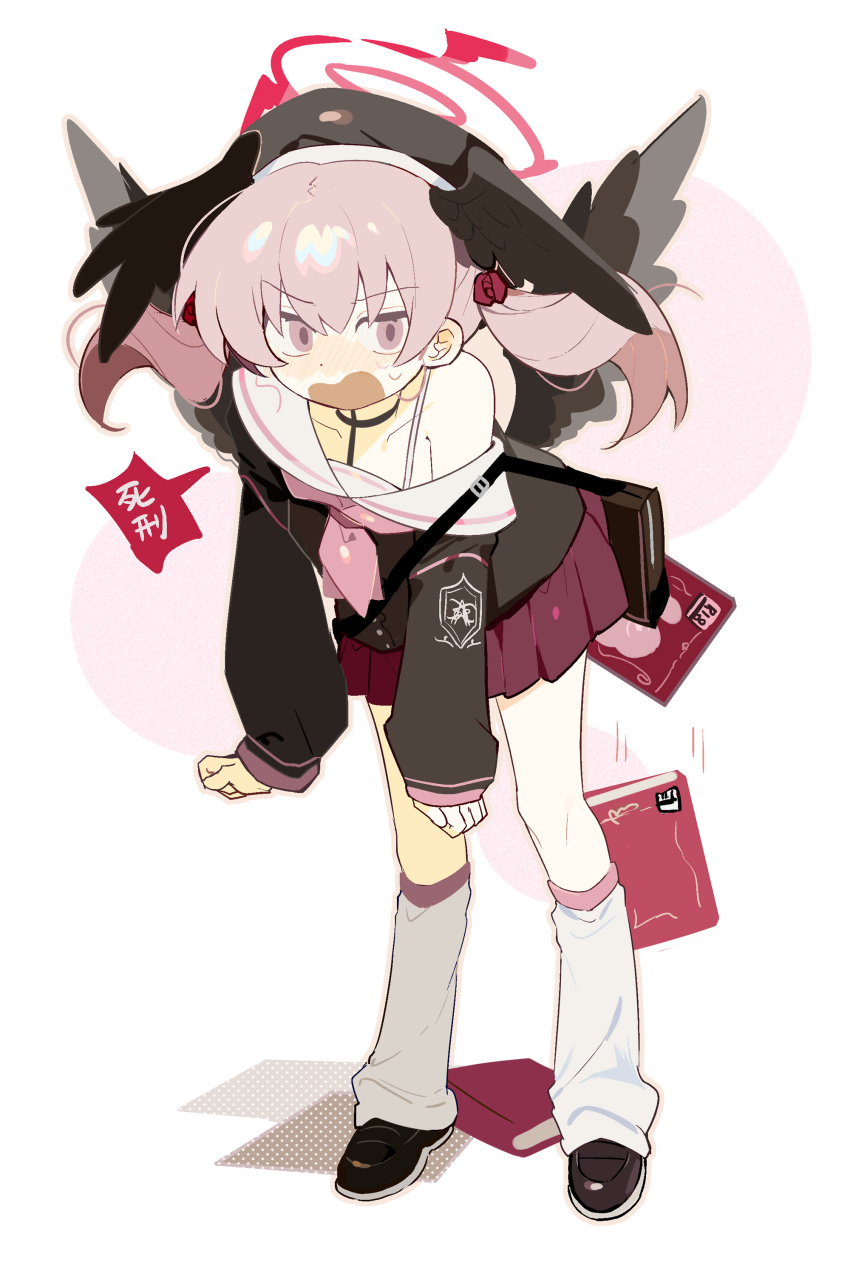 1girl, absurdres, bag, beret, black_footwear, black_hat, black_wings, blue_archive