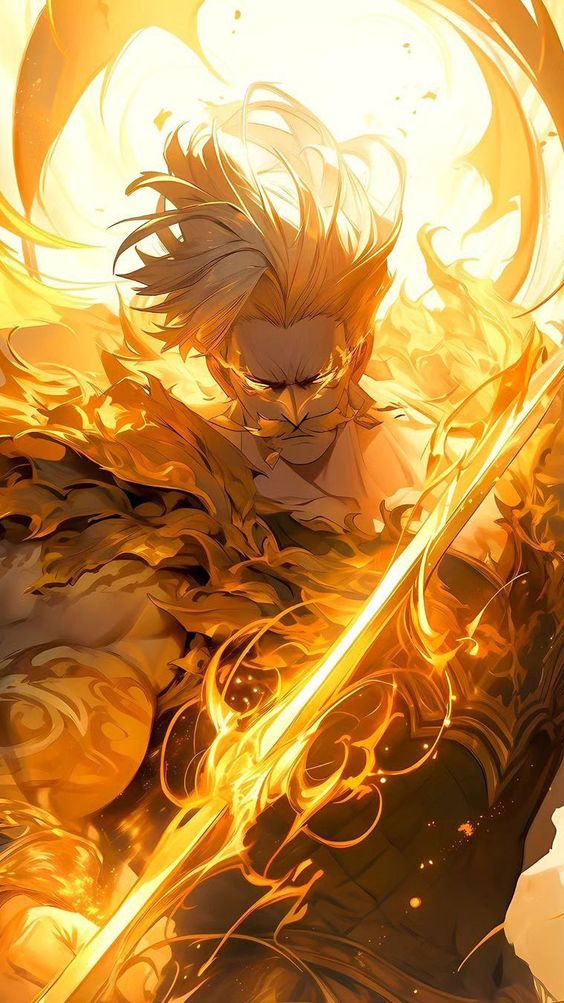 1boy, armor, axe, battle_axe, breastplate, escanor, explosion, facial_hair