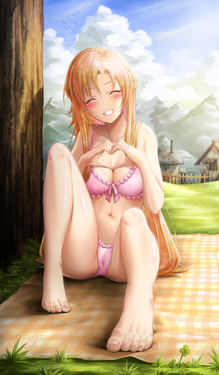 1girl, ^_^, absurdres, asuna_(sao), bare_arms, bare_legs, bare_shoulders, barefoot