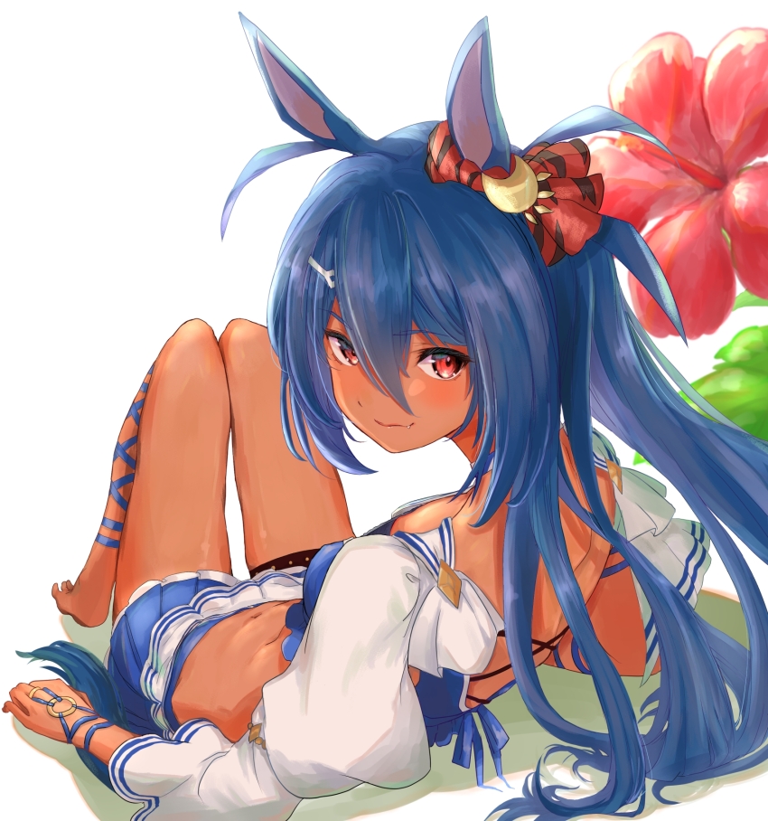 1girl, animal_ears, barefoot, black_hair, blue_shirt, blue_skirt, blush, closed_mouth