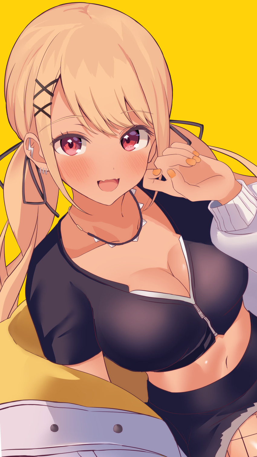 1girl, absurdres, barbell_piercing, black_choker, black_ribbon, black_shirt, black_shorts, blonde_hair