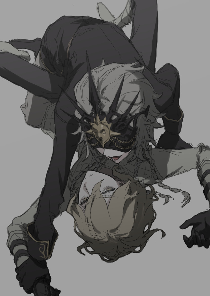 2boys, absurdres, between_legs, black_pants, braid, grey_background, grey_hair, hair_between_eyes, hair_slicked_back, highres, holding_another's_wrist, identity_v, ithaqua_(identity_v), ithaqua_(morningstar)_(identity_v), jiz_(pffbq), looking_at_another, looking_to_the_side, lying, male_focus, mask, medium_hair, multiple_boys, multiple_braids, on_back, open_mouth, pants, shadow, short_hair, smile