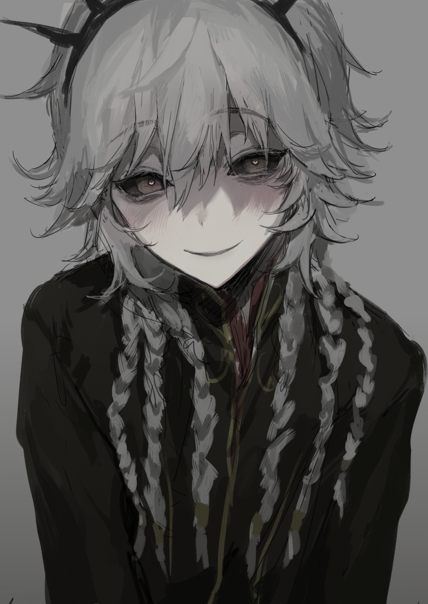1boy, absurdres, androgynous, black_sclera, blush, braid, colored_sclera, grey_background