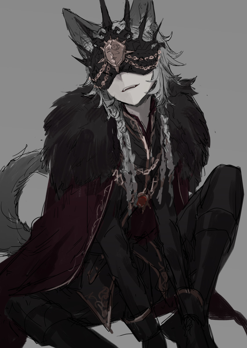 1boy, absurdres, animal_ears, black_fur, black_gloves, black_pants, boots, braid, cape, fur-trimmed_cape, fur_trim, gloves, grey_background, grey_hair, highres, identity_v, ithaqua_(identity_v), ithaqua_(morningstar)_(identity_v), jiz_(pffbq), male_focus, mask, multiple_braids, pale_skin, pants, sitting, sketch, smile, solo, tail