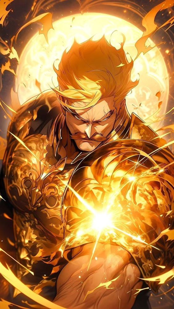 1boy, armor, blonde_hair, breastplate, embers, escanor, explosion, facial_hair, fiery_aura, fire, gold_armor, jgrimaldomarquez, looking_at_viewer, muscular, mustache, nanatsu_no_taizai, pauldrons, pyrokinesis, short_hair, shoulder_armor, solo, sparks, yellow_theme