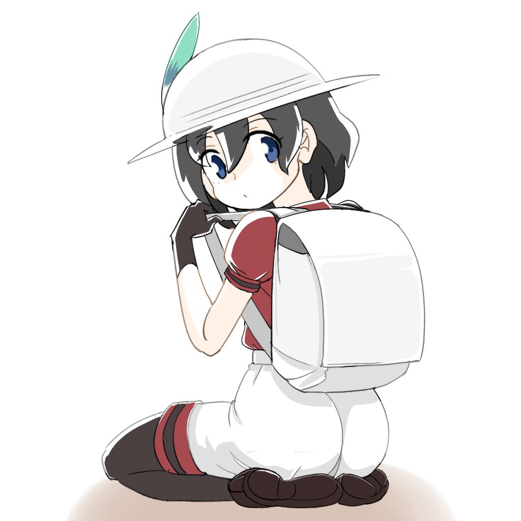 1girl, ass, backpack, bag, black_gloves, black_hair, black_pantyhose, blue_eyes, brown_shoes, from_behind, gloves, good_ass_day, hair_between_eyes, hat_feather, helmet, kaban_(kemono_friends), kemono_friends, loafers, msl2go, pantyhose, pith_helmet, puffy_short_sleeves, puffy_sleeves, red_shirt, seiza, shirt, shoes, short_hair, short_sleeves, shorts, sidelocks, sitting, solo, t-shirt, white_shorts