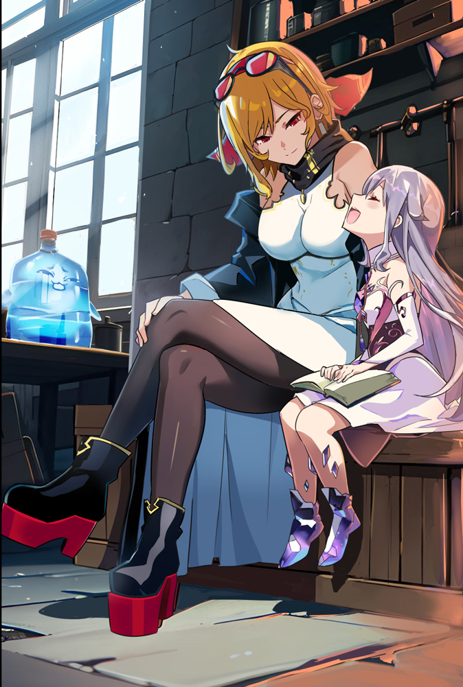 2girls, arm_guards, asymmetrical_sleeves, bare_shoulders, black_coat, black_corset, black_dress, black_footwear