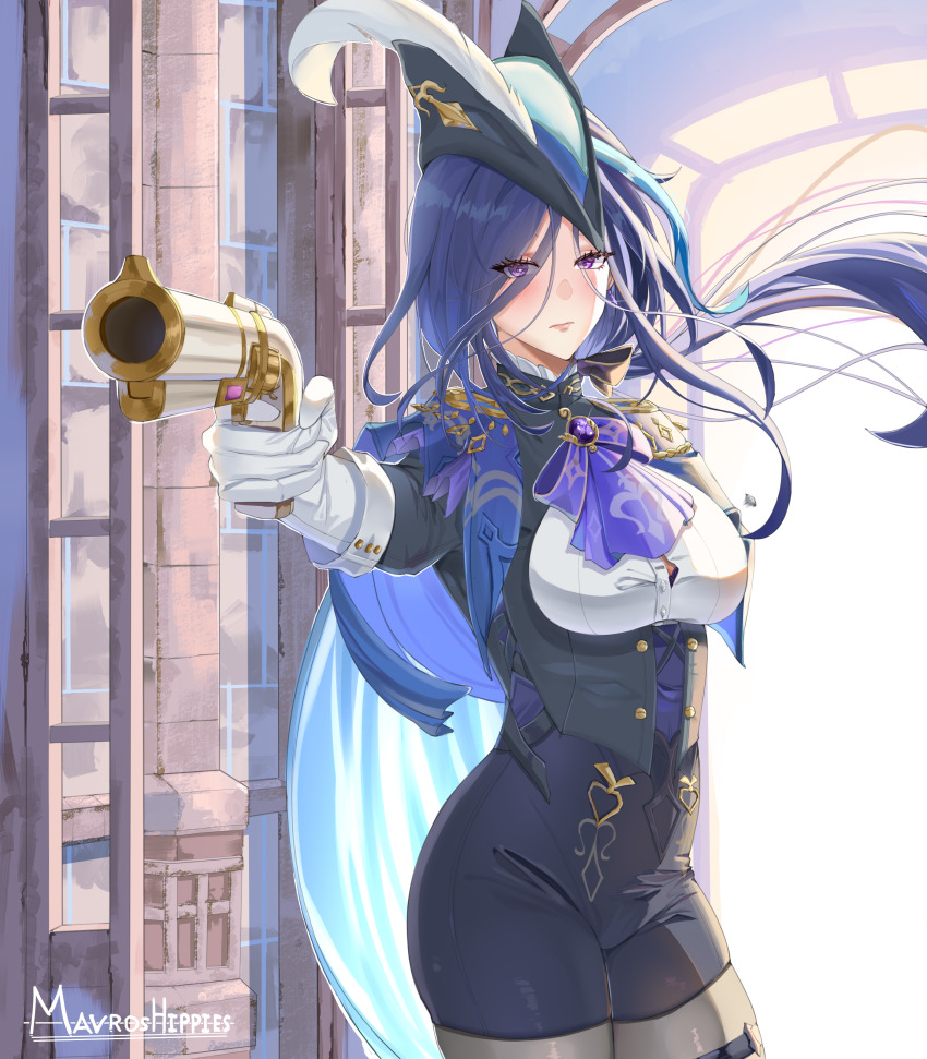 1girl, absurdres, antique_firearm, artist_name, ascot, backlighting, black_bow, black_corset