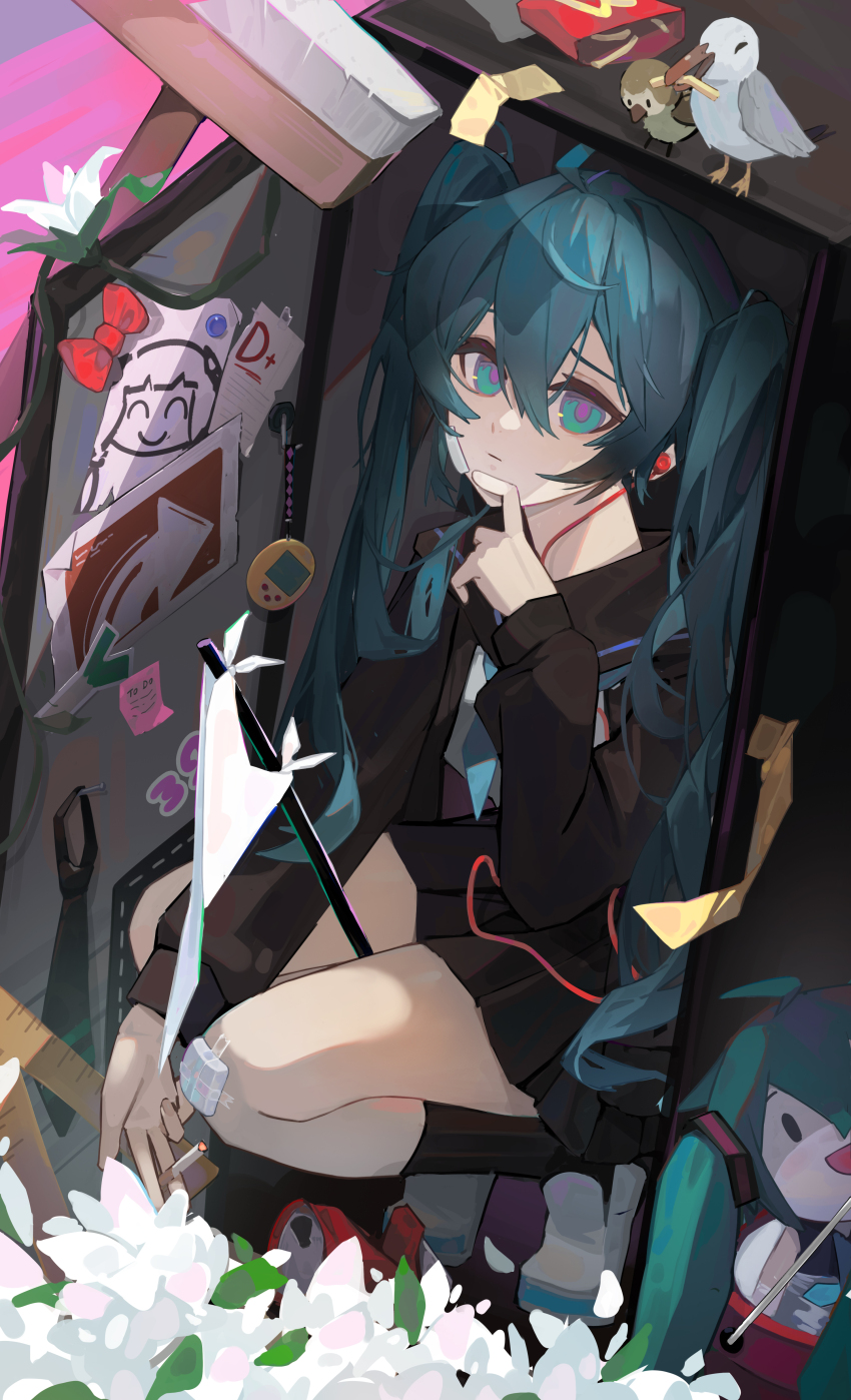 1girl, absurdres, bandage_on_face, bandages, bird, black_cardigan, black_serafuku, black_skirt