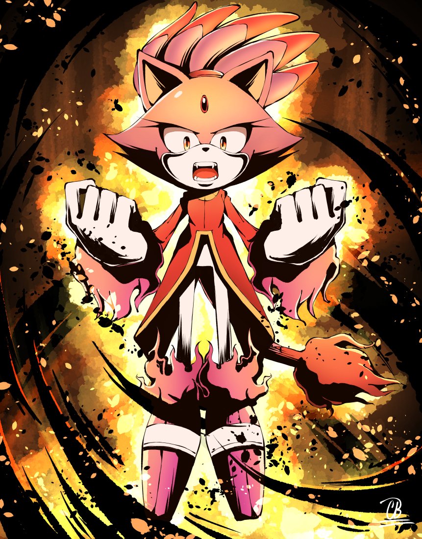 1girl, animal_ears, blaze_the_cat, boots, burning, burning_blaze, cat_ears, cat_girl, cat_tail, cbotakuarts, fangs, forehead_jewel, fur-trimmed_footwear, fur-trimmed_gloves, fur_trim, furry, furry_female, gloves, jacket, pants, pink_boots, pink_fur, ponytail, red_jacket, sonic_(series), sonic_rush, sonic_rush_adventure, tail, white_gloves, white_pants, yellow_eyes