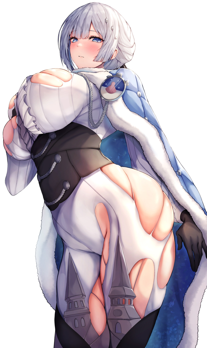 1girl, absurdres, akershus_fortress_(oshiro_project), ass, black_gloves, blue_cape, blue_cloak, blue_eyes