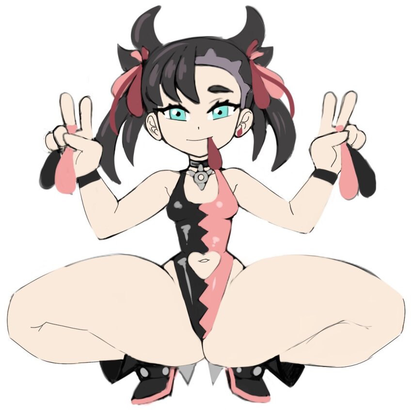 1girl, ass, black_hair, black_nails, blue_eyes, blush, boots, breasts, choker, clothing_cutout, condom, ear_piercing, facing_viewer, full_body, hiplover, looking_at_viewer, marnie_(pokemon), navel_cutout, nintendo, one-piece_swimsuit, piercing, pokemon, pokemon_sword_and_shield, small_breasts, smile, solo, squatting, swimsuit, thick_thighs, thighs, twintails, twisted_torso, used_condom, v, white_background, wristband