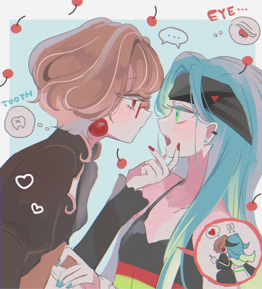 2girls, aqua_hair, black_dress, blush, brown_hair, center_frills, chibi, chocolate_bonbon_cookie