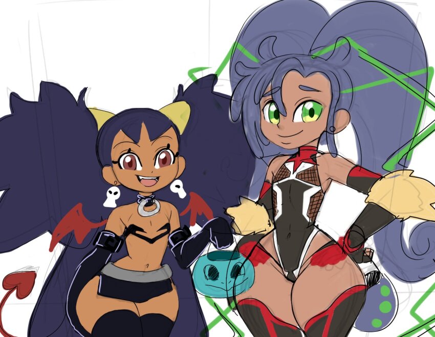 2girls, alternate_costume, brown_eyes, cosplay, dark-skinned_female, dark_skin, demon_wings, disgaea, ear_piercing, earrings, etna_(disgaea), etna_(disgaea)_(cosplay), green_eyes, halloween_costume, hand_on_own_hip, hiplover, iris_(pokemon), jewelry, long_hair, mizuki_yukikaze, mizuki_yukikaze_(cosplay), multiple_girls, new_pokemon_snap, nintendo, piercing, pokemon, pokemon_black_and_white, purple_hair, rita_(pokemon), sketch, skull_earrings, smile, taimanin_(series), thick_thighs, thighs, twintails, wide_hips, wings