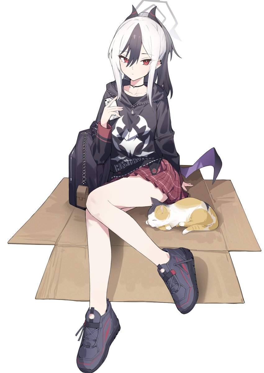 1girl, absurdres, animal, backpack, bag, black_bag, black_choker, black_hair, black_hoodie, black_shoes, blue_archive, cardboard, cat, choker, closed_mouth, collarbone, cross-laced_bag, cross-laced_footwear, expressionless, gradient_hair, grey_halo, hair_between_eyes, halo, highres, hood, hood_down, hoodie, kayoko_(blue_archive), long_sleeves, looking_at_viewer, miniskirt, multicolored_hair, pale_skin, plaid_clothes, plaid_skirt, pleated_skirt, ponytail, print_hoodie, red_eyes, red_skirt, shoes, simple_background, sitting, skirt, solo, streaked_hair, thighs, white_background, white_hair, yuku~