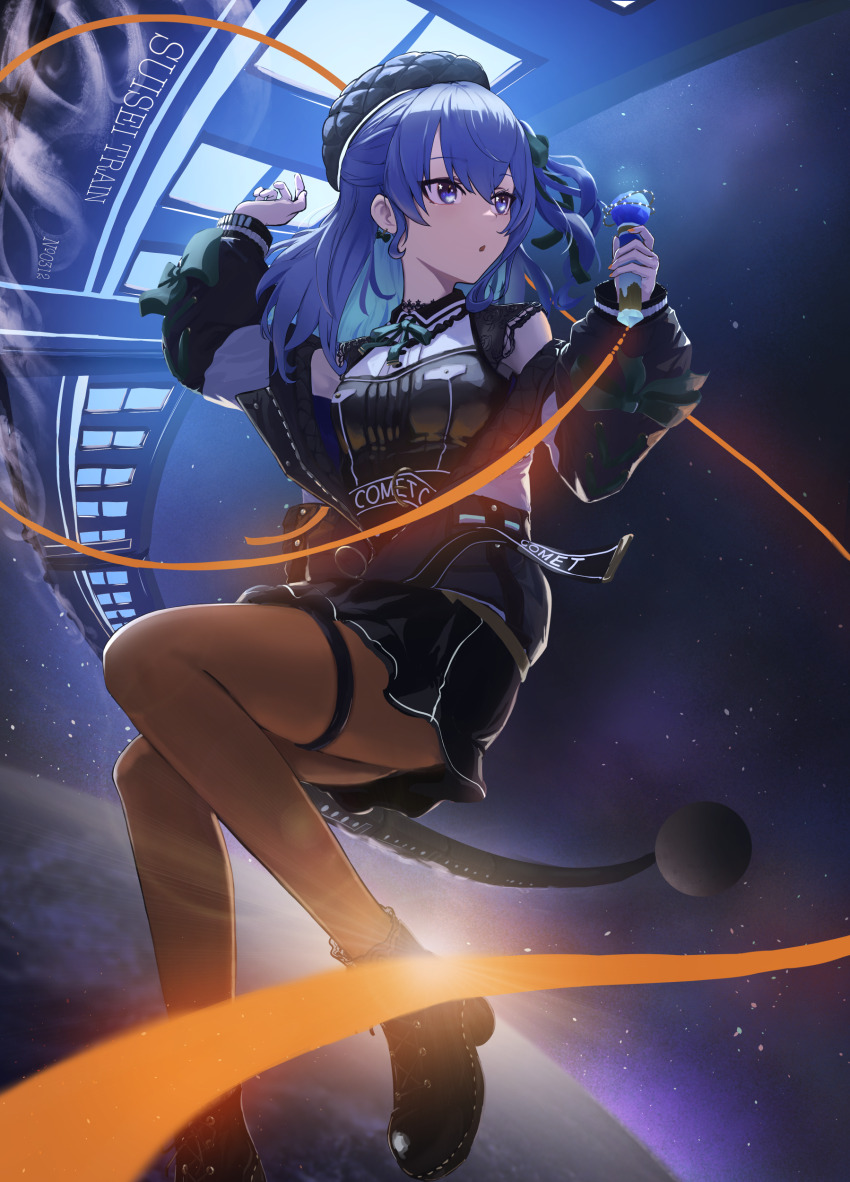 0gen3_illust, 1girl, absurdres, aqua_hair, black_boots, black_skirt, blue_eyes, blue_hair, blue_headwear, blush, boots, breasts, colored_inner_hair, earrings, full_body, hair_between_eyes, hands_up, high_heel_boots, high_heels, highres, holding, holding_microphone, hololive, hoshimachi_suisei, hoshimachi_suisei_(casual), jacket, jewelry, lace-trimmed_sleeves, lace_trim, legs, long_hair, long_sleeves, looking_to_the_side, microphone, miniskirt, multicolored_hair, off_shoulder, open_clothes, open_jacket, open_mouth, orange_pantyhose, pantyhose, short_sleeves, sidelocks, skirt, small_breasts, solo, space, thigh_strap, train, two-tone_shirt, virtual_youtuber