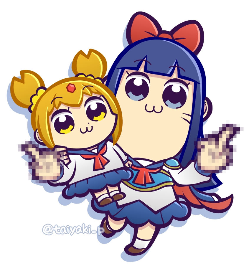 2girls, :3, arle_nadja, arle_nadja_(cosplay), armor, blue_cape, blue_eyes, blue_hair, blue_skirt, breastplate, brown_footwear, brown_hair, cape, carbuncle_(puyopuyo), carbuncle_(puyopuyo)_(cosplay), censored, censored_gesture, cosplay, doradorakingyo, dot_nose, drop_shadow, facial_mark, forehead_jewel, middle_finger, multiple_girls, neckerchief, parody, pipimi, poptepipic, popuko, puyopuyo, puyopuyo_quest, red_neckerchief, shirt, short_twintails, shoulder_armor, simple_background, skirt, socks, style_parody, twintails, twitter_username, whisker_markings, white_background, white_shirt, white_socks, yellow_eyes