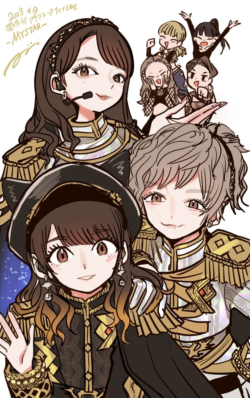 6+girls, :3, absurdres, akina_(voice_actor), animal_hat, arms_up, black_headwear, black_jacket, blonde_hair, blunt_bangs, brown_eyes, brown_hair, cat_hat, character_request, closed_mouth, commentary_request, cosplay, dated, denonbu, epaulettes, gold_trim, grey_hair, group_picture, haijima_ginka, haijima_ginka_(cosplay), hand_on_another's_shoulder, hand_up, hat, headset, highres, jacket, komiya_arisa, kurogane_tama, kurogane_tama_(cosplay), lipstick, long_sleeves, looking_at_viewer, makeup, multiple_girls, official_alternate_costume, ponytail, red_lips, shibuya_azuki, shirokane_aki, shirokane_aki_(cosplay), short_hair, short_ponytail, signature, smile, tsuzutsu, upper_body, voice_actor, wavy_hair, white_background, white_jacket