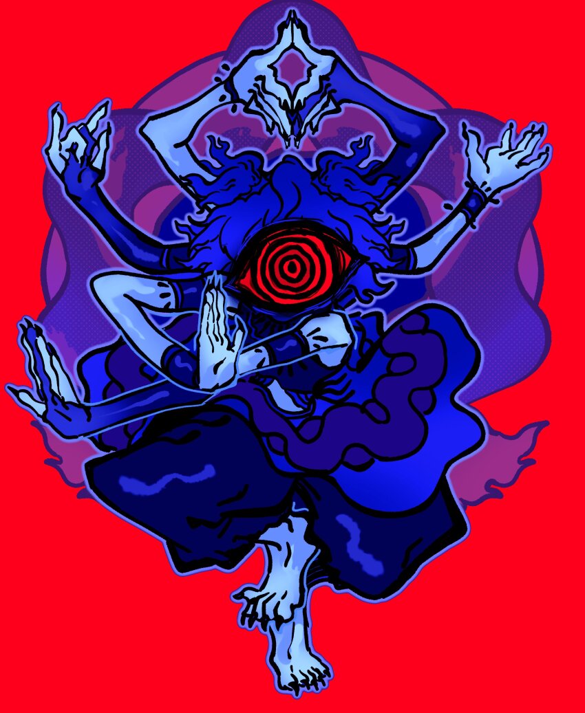 1girl, absurdres, armband, arms_up, barefoot, blue_outline, bracelet, bridal_gauntlets