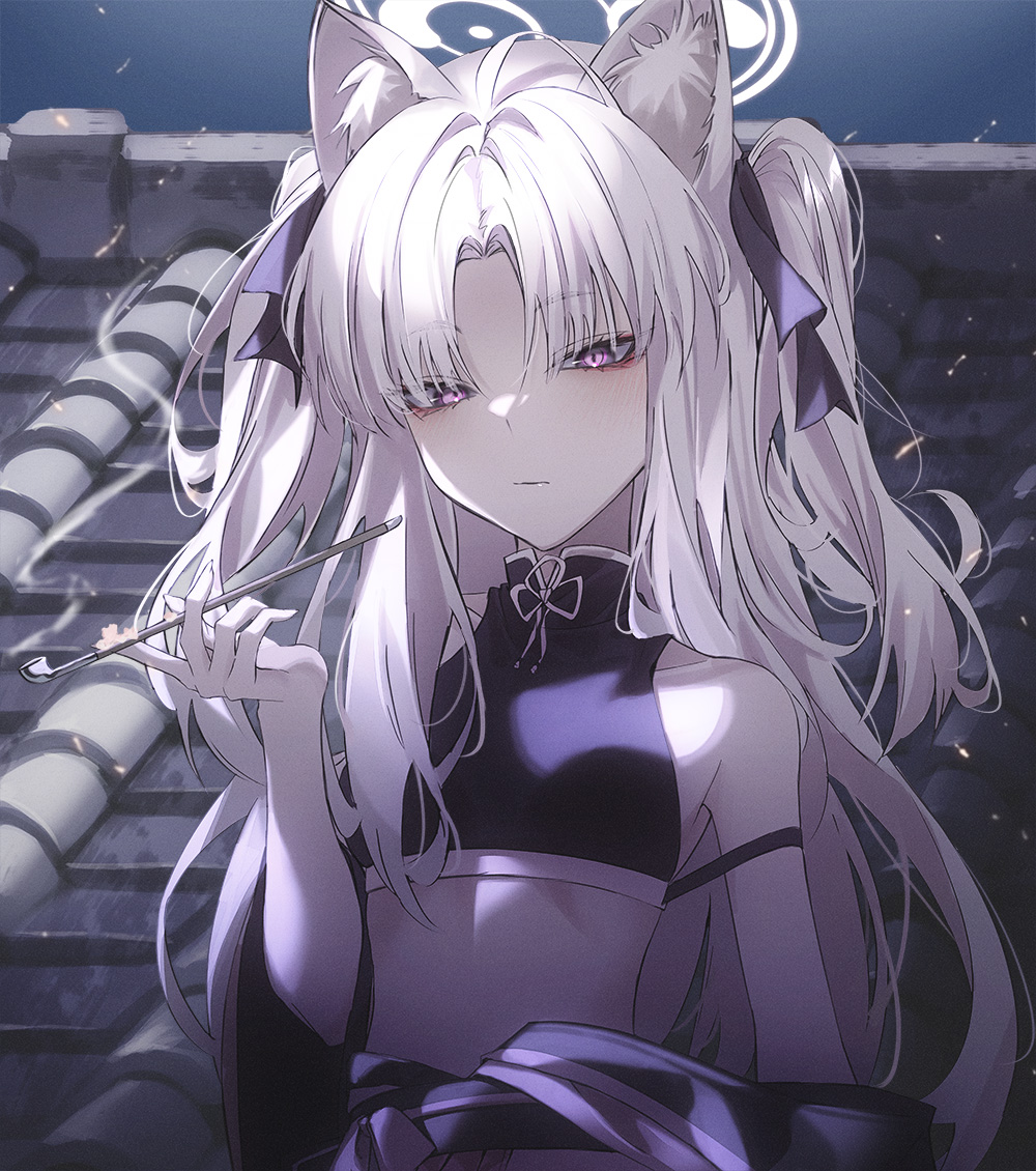 1girl, animal_ears, blue_archive, breasts, closed_mouth, crop_top, fox_ears, halo