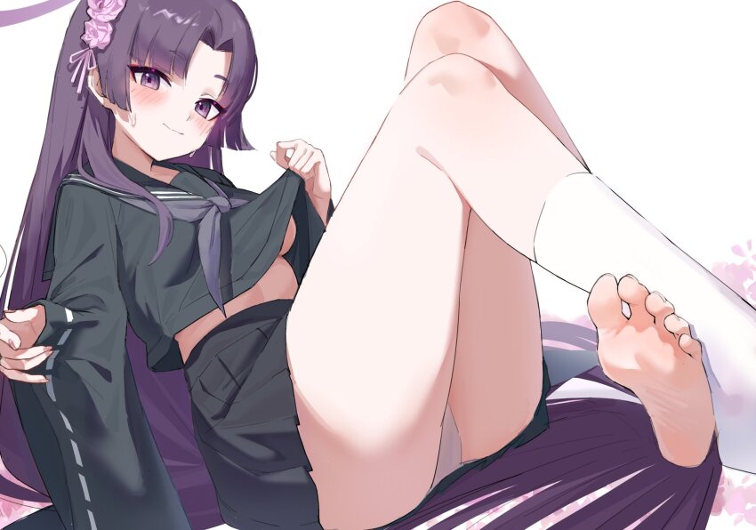 1girl, black_sailor_collar, black_skirt, blue_archive, blush, breasts, closed_mouth, commentary, feet, halo, highres, long_hair, long_sleeves, looking_at_viewer, medium_breasts, miniskirt, mr.zhuo, neckerchief, panties, pleated_skirt, purple_eyes, purple_hair, purple_neckerchief, sailor_collar, school_uniform, serafuku, simple_background, single_sock, sitting, skirt, socks, soles, solo, sweat, untranslatable_commentary, underwear, very_long_hair, white_background, white_panties, white_socks, wide_sleeves, yukari_(blue_archive), yukari_(young)_(blue_archive)
