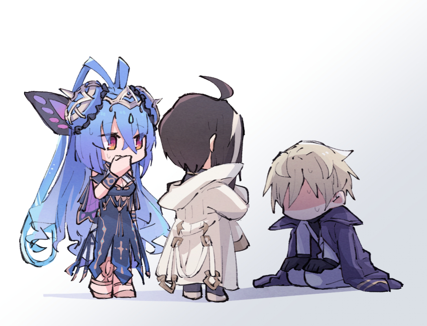 1boy, 2girls, alonemistrist, basileus, black_hair, blonde_hair, blue_hair, chibi