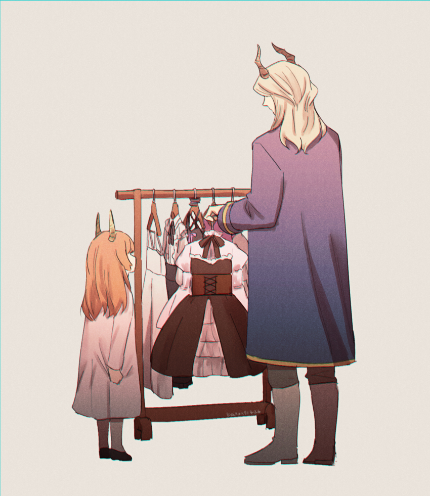 1boy, 1girl, blonde_hair, blue_coat, boots, brown_dress, brown_ribbon, clothes_hanger
