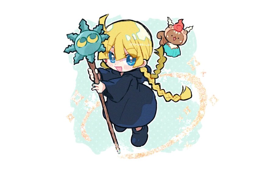 1girl, black_footwear, black_robe, blue_eyes, blush_stickers, cosplay, doradorakingyo, gipple_(mahoujin_guruguru)