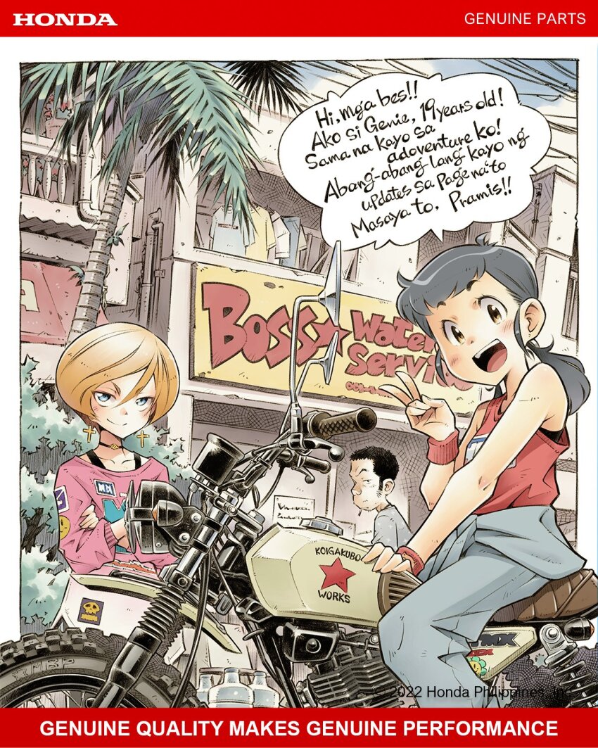 1boy, 2girls, :d, anji_(genie's_motorcycle_life), black_hair, blue_eyes, blush, boss_(genie's_motorcycle_life)