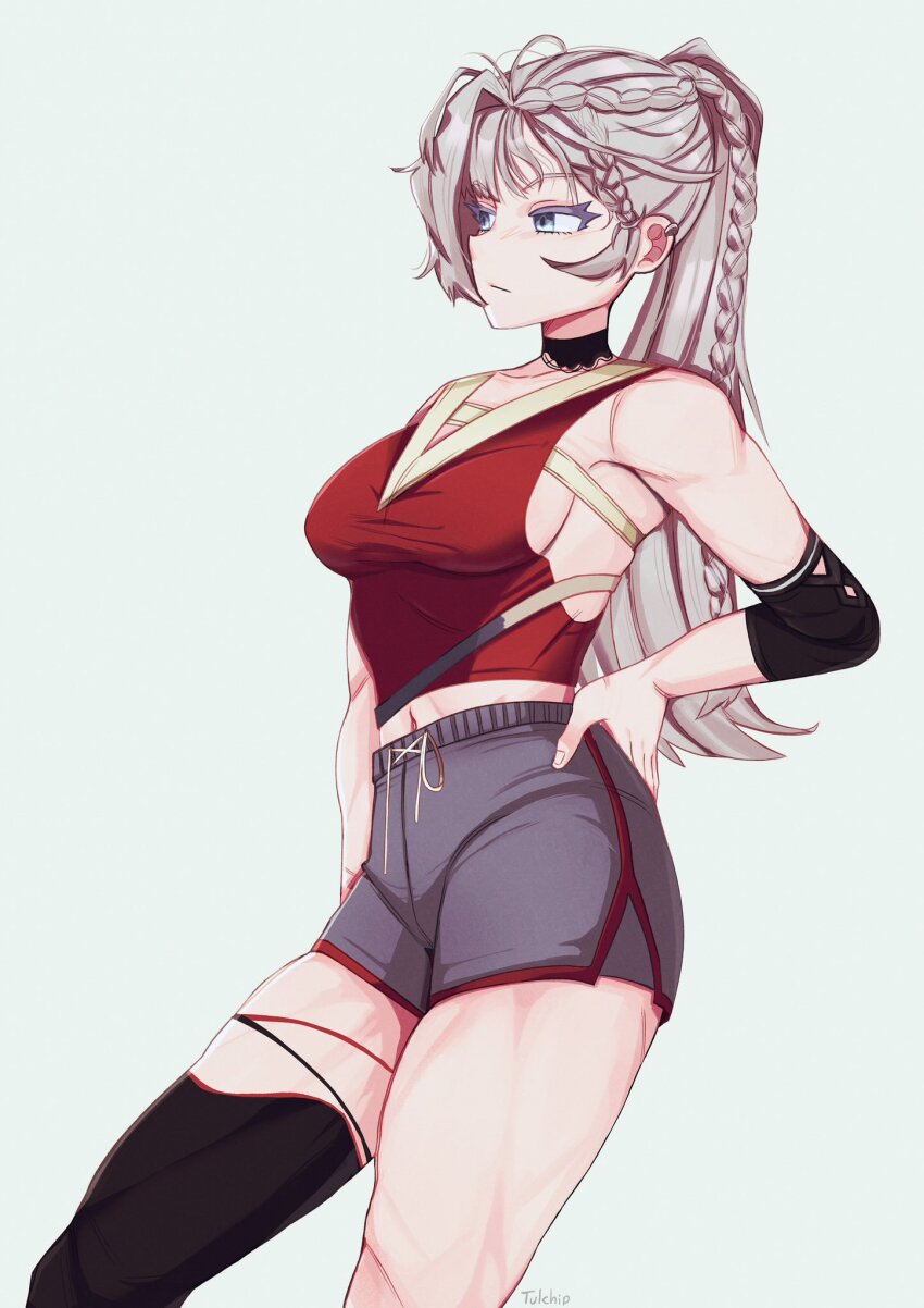 1girl, black_choker, black_thighhighs, blue_background, braid, breasts, choker, closed_mouth