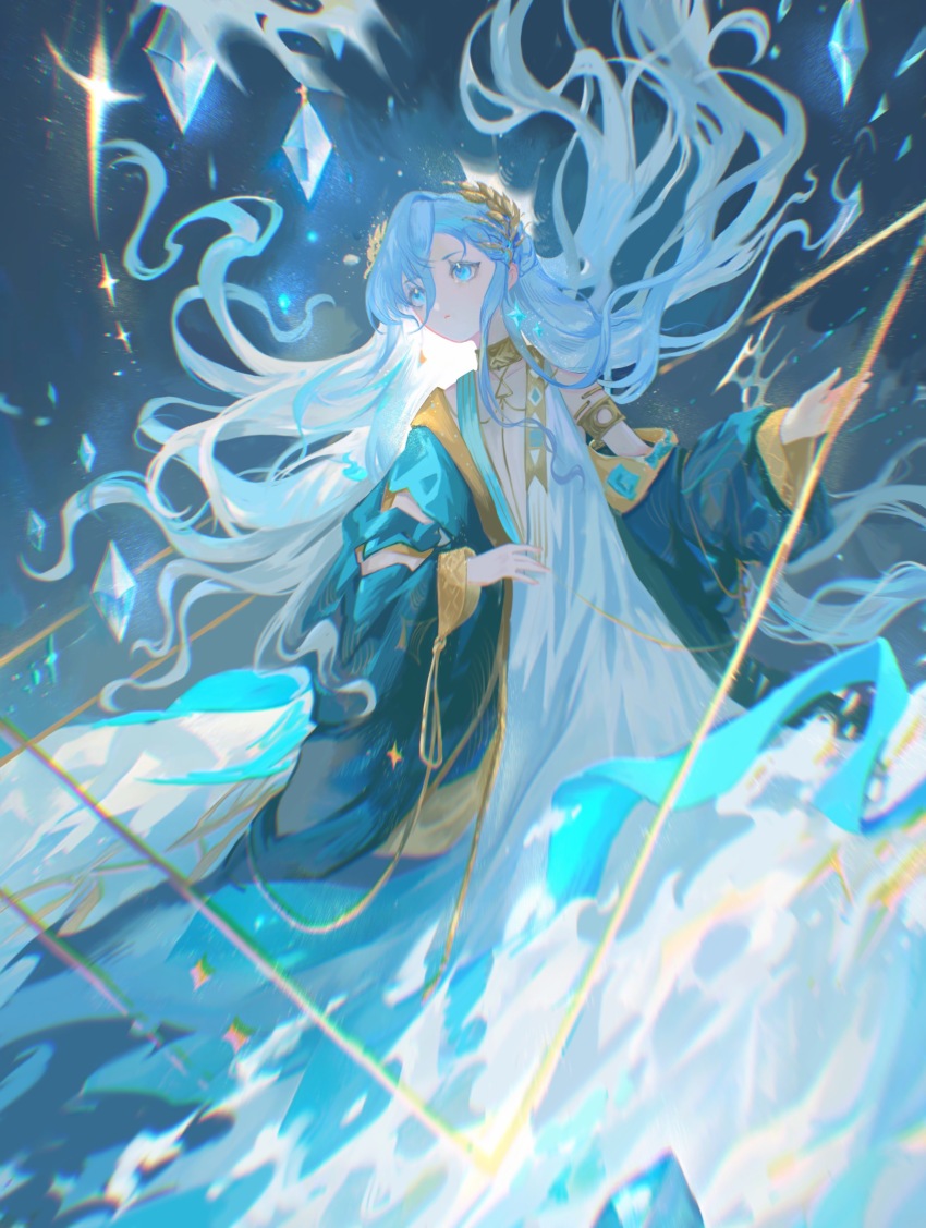 1girl, 37_(reverse:1999), absurdres, blue_background, blue_eyes, blue_hair, blue_robe, chromatic_aberration