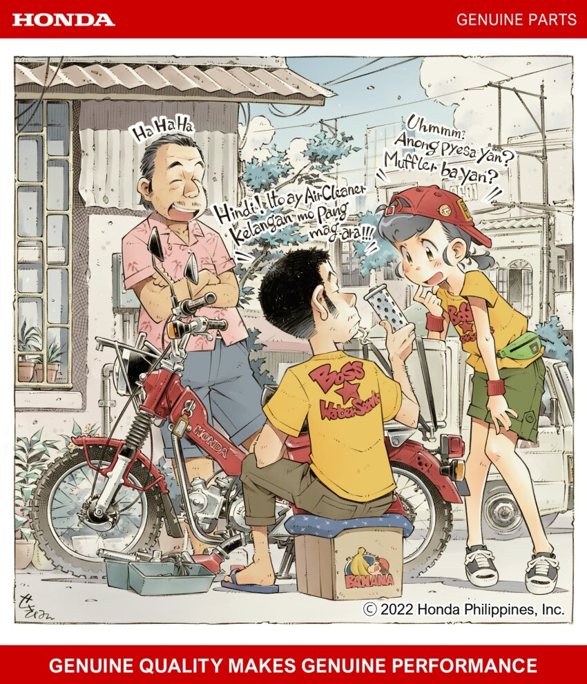 1girl, 2boys, :d, ^_^, backwards_hat, black_hair, blue_shorts, boss_(genie's_motorcycle_life)