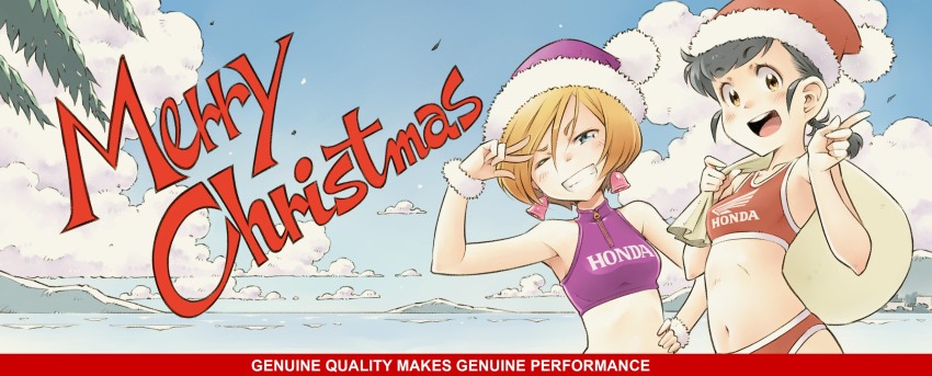 2girls, ;d, absurdres, anji_(genie's_motorcycle_life), banner, black_hair, breasts, cloud