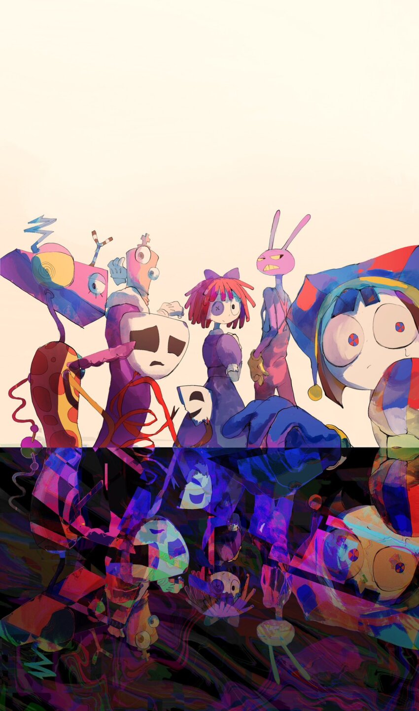 1other, 2boys, 3girls, @_@, animal_ears, arms_up, black_background, black_hair, blue_bow, blue_dress, blue_gloves, bow, button_eyes, buttons, colored_sclera, colored_teeth, cropped_legs, cropped_torso, dark, dress, from_behind, frown, fur-trimmed_robe, fur_trim, gangle_(the_amazing_digital_circus), gloves, hair_bow, hat, highres, holding, jax_(the_amazing_digital_circus), jester_cap, kinger_(the_amazing_digital_circus), looking_at_viewer, mask, multiple_boys, multiple_girls, overalls, pinosan, polka_dot, pomni_(the_amazing_digital_circus), purple_fur, purple_robe, rabbit_boy, rabbit_ears, red_hair, red_overalls, red_ribbon, reflection, ribbon, robe, striped_clothes, striped_headwear, sweatdrop, the_amazing_digital_circus, vertical-striped_clothes, vertical-striped_headwear, white_background, white_gloves, yarn, yellow_gloves, yellow_sclera, yellow_teeth, zooble_(the_amazing_digital_circus)