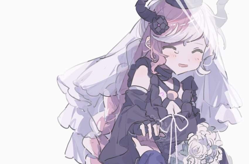 1boy, 1girl, black_dress, black_flower, black_gloves, black_horns, black_sleeves, blush