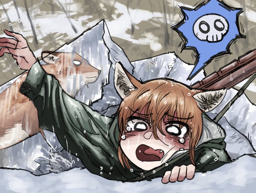 1girl, animal_ears, asphyxiation, brown_eyes, brown_hair, drowning, fang, fangs