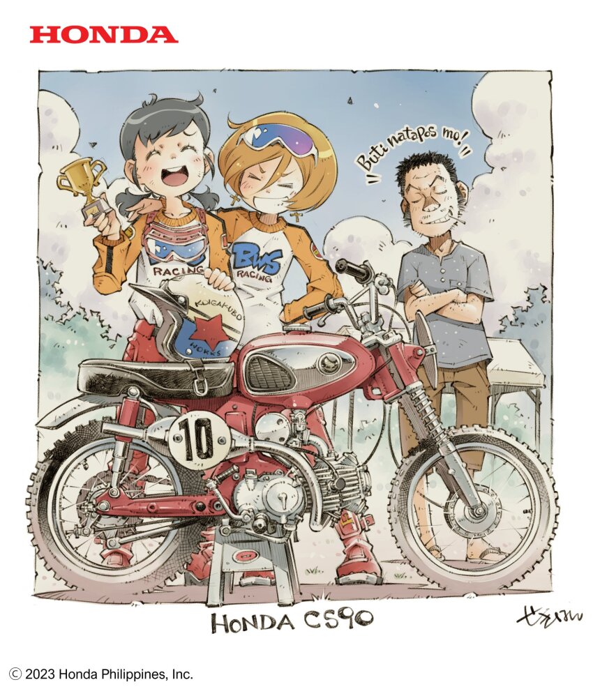 1boy, 2girls, :d, ^_^, anji_(genie's_motorcycle_life), biker_clothes, black_hair, blue_shirt