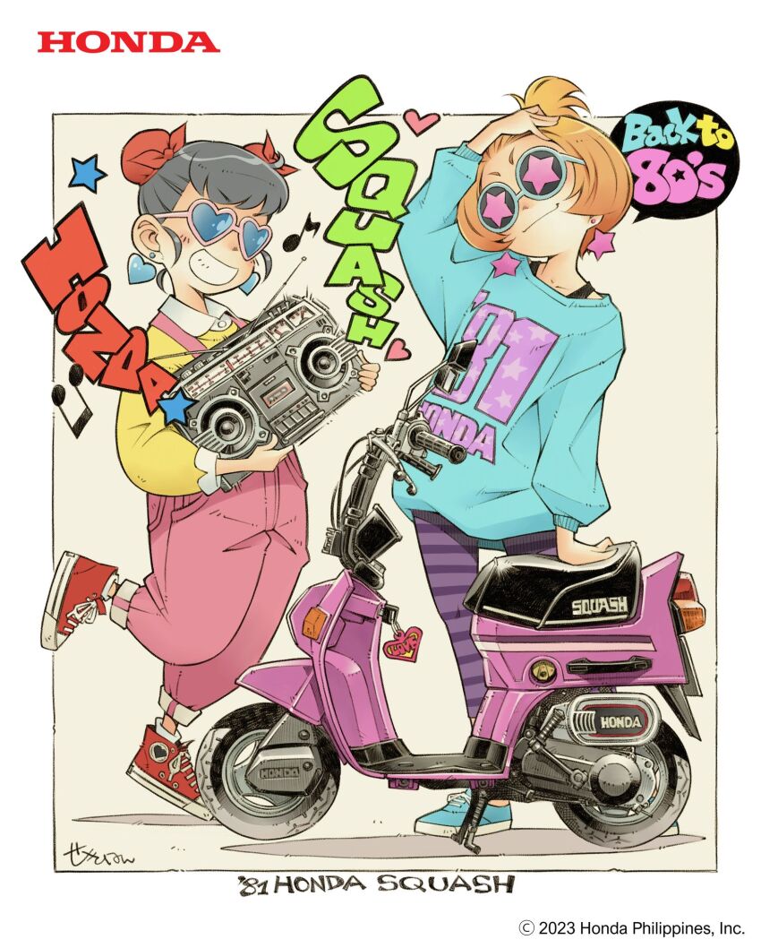 2girls, anji_(genie's_motorcycle_life), blue-framed_eyewear, blue-tinted_eyewear, blue_footwear, blue_sweater, boombox, bun_cover