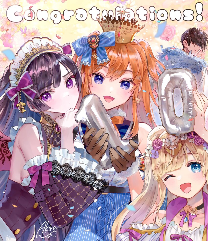 1boy, 3girls, :d, ;d, alice_(sennen_sensou_aigis), anniversary, armpit_crease, balloon